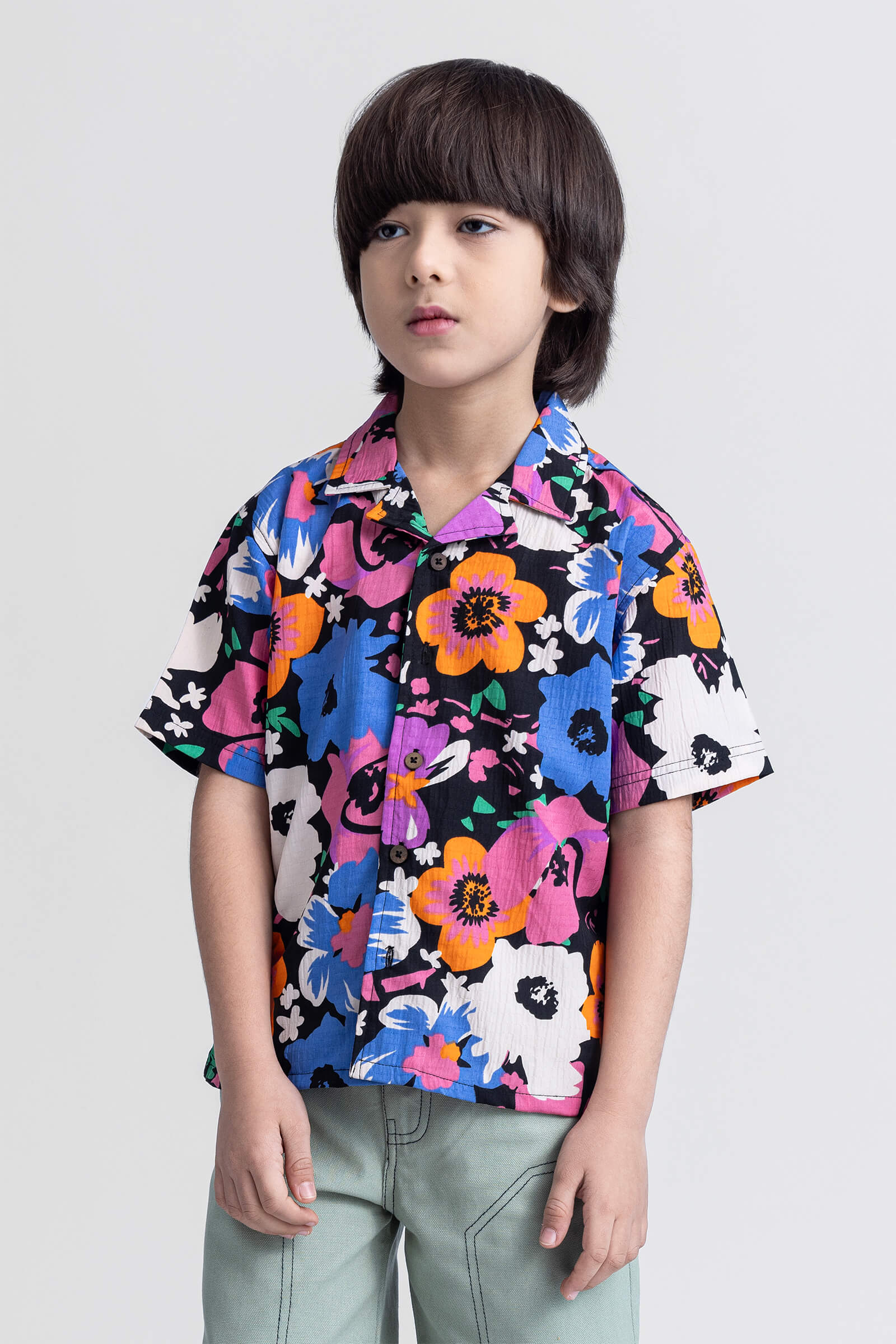 half sleeves floral printed button up Oversize shirt-Black & Multi