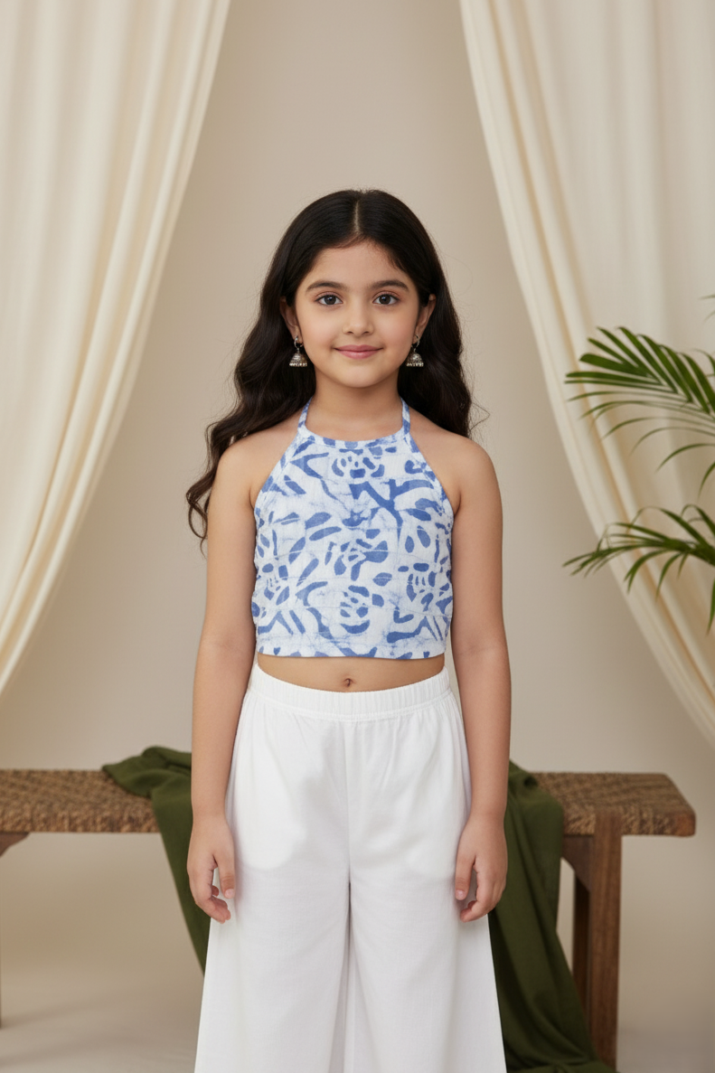 100% cotton woven sleeveless batik printed back tie up crop top- White & Blue