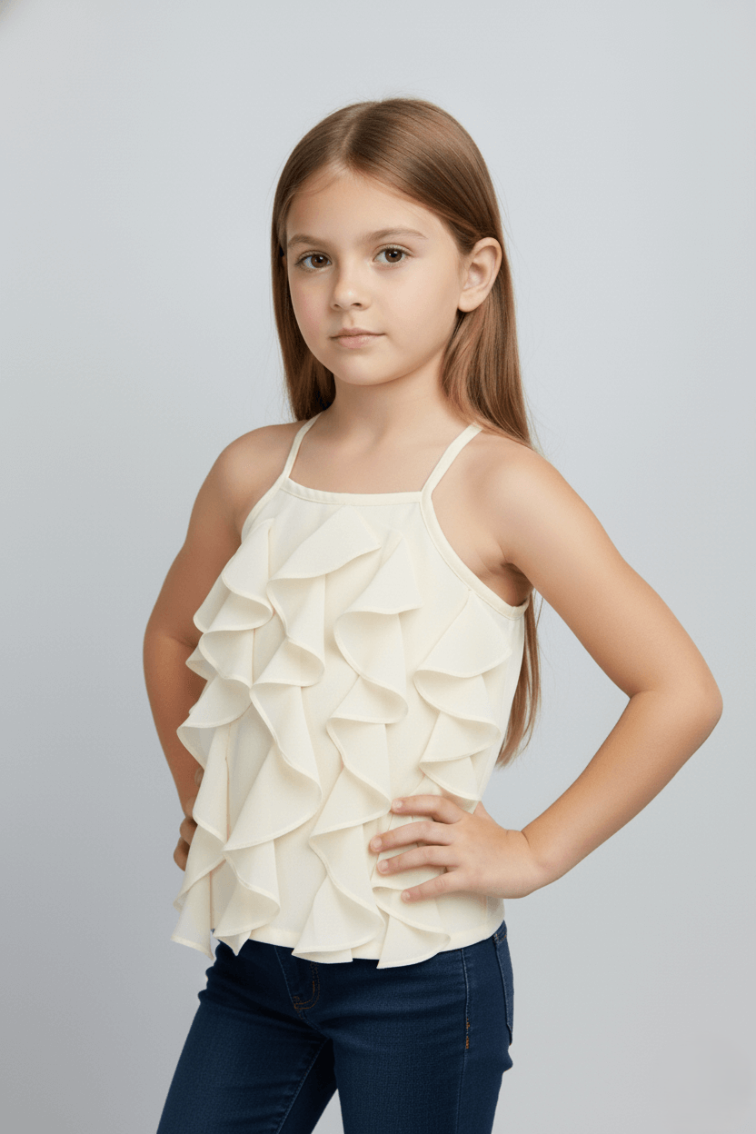 Georgette woven sleeveless ruffle detail Aline top- Cream