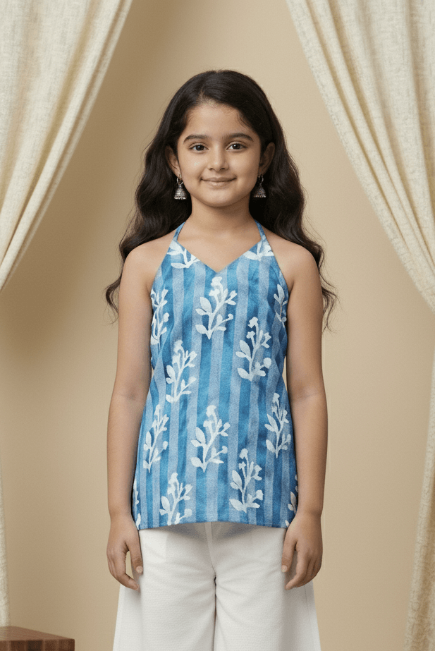 100% cotton woven sleeveless tie dye printed back tie up top- Blue