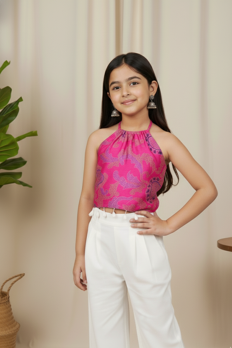 Woven sleeveless Katha stitch printed halter neck crop top- Hot Pink