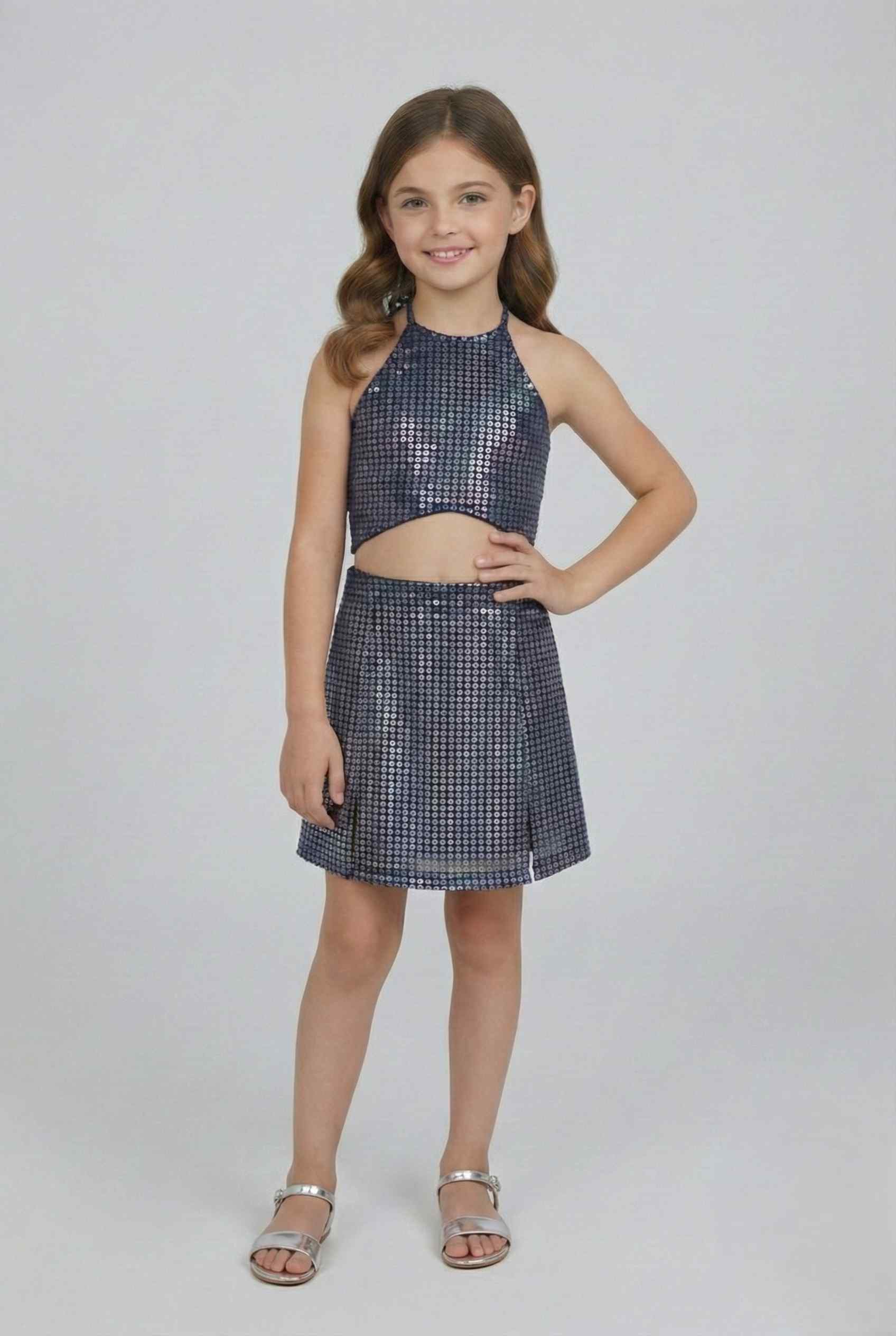 Woven Sleeveless Foil Printed Asymmetric Waist Crop top and Skirt Set - Navy/Multi