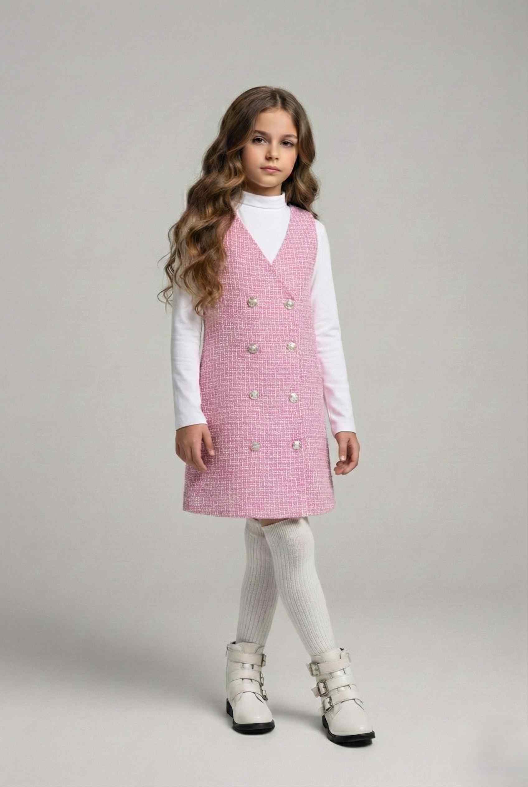 tweed dress with polo neck full sleeve inner top - Pink and White
