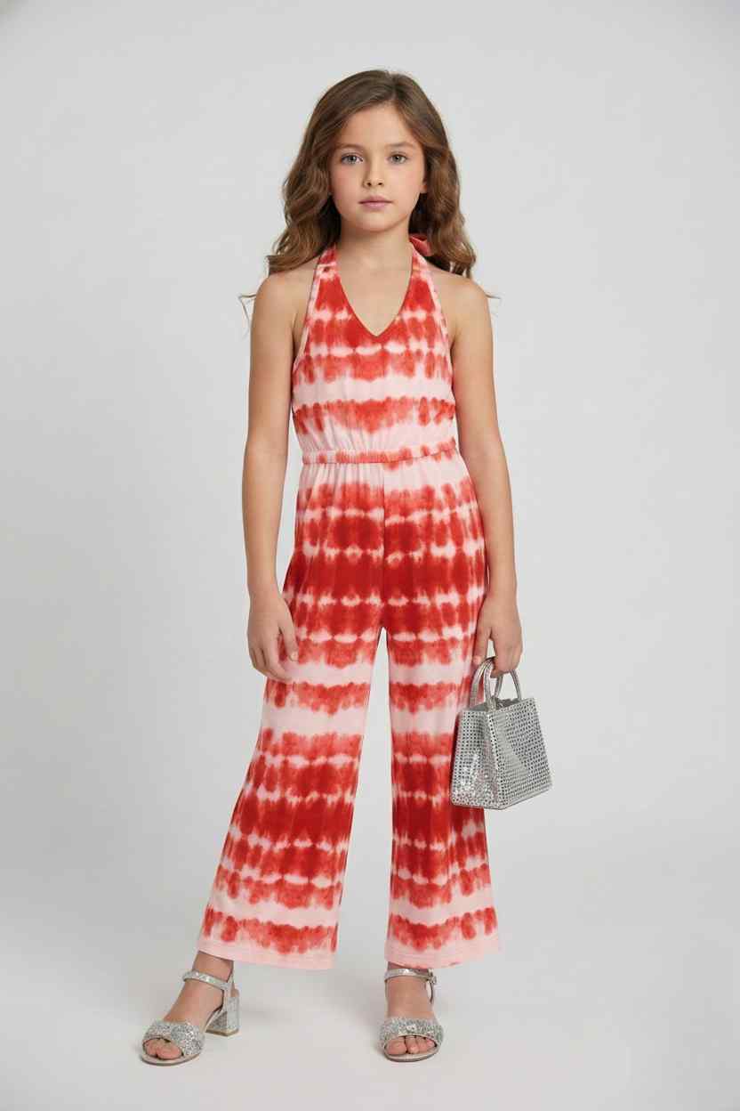 Knit Sleeveless Printed Halter neck Jumpsuit - Orange and White