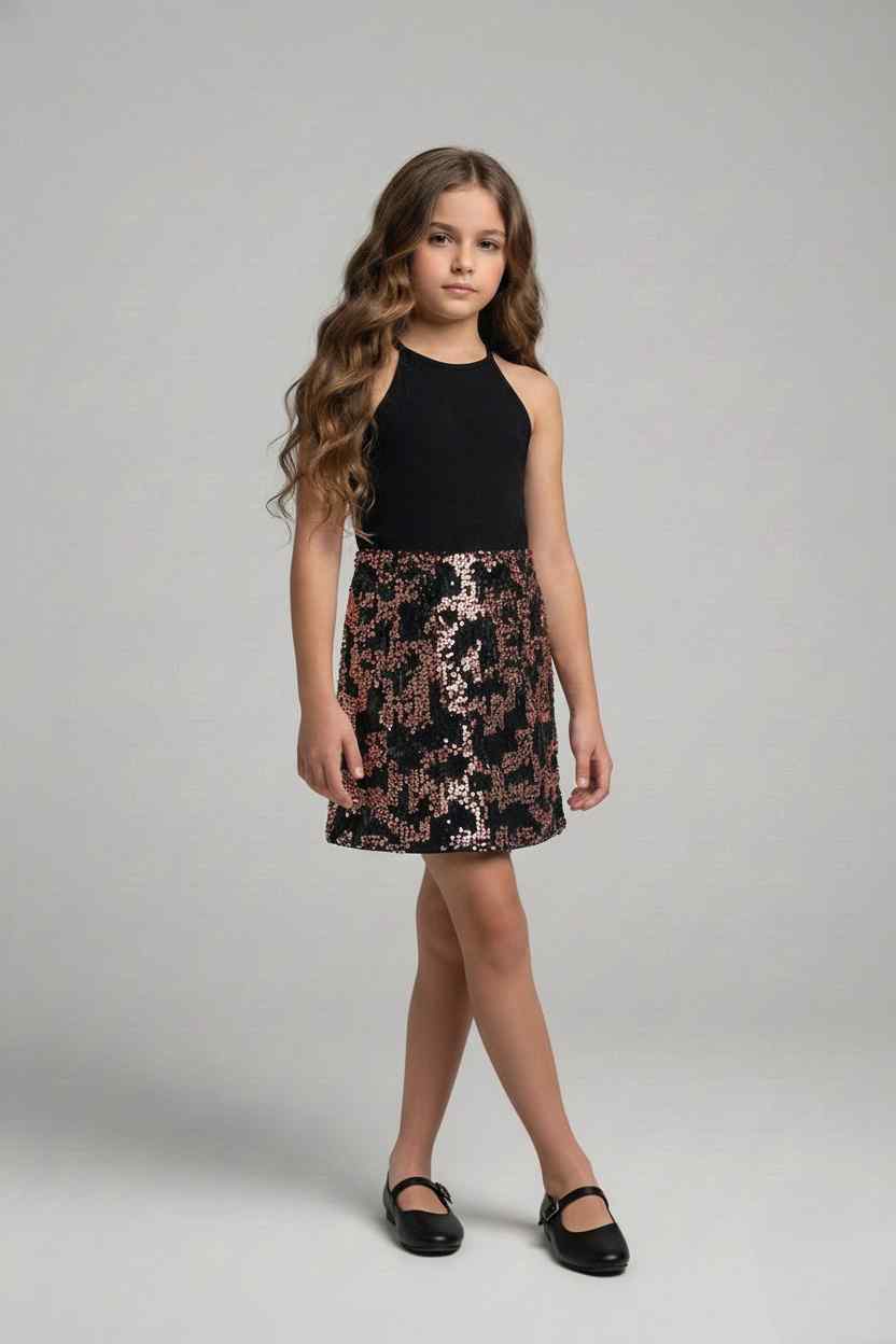 Sequin sleeveless halter neck Party Dress- Black/Rose gold