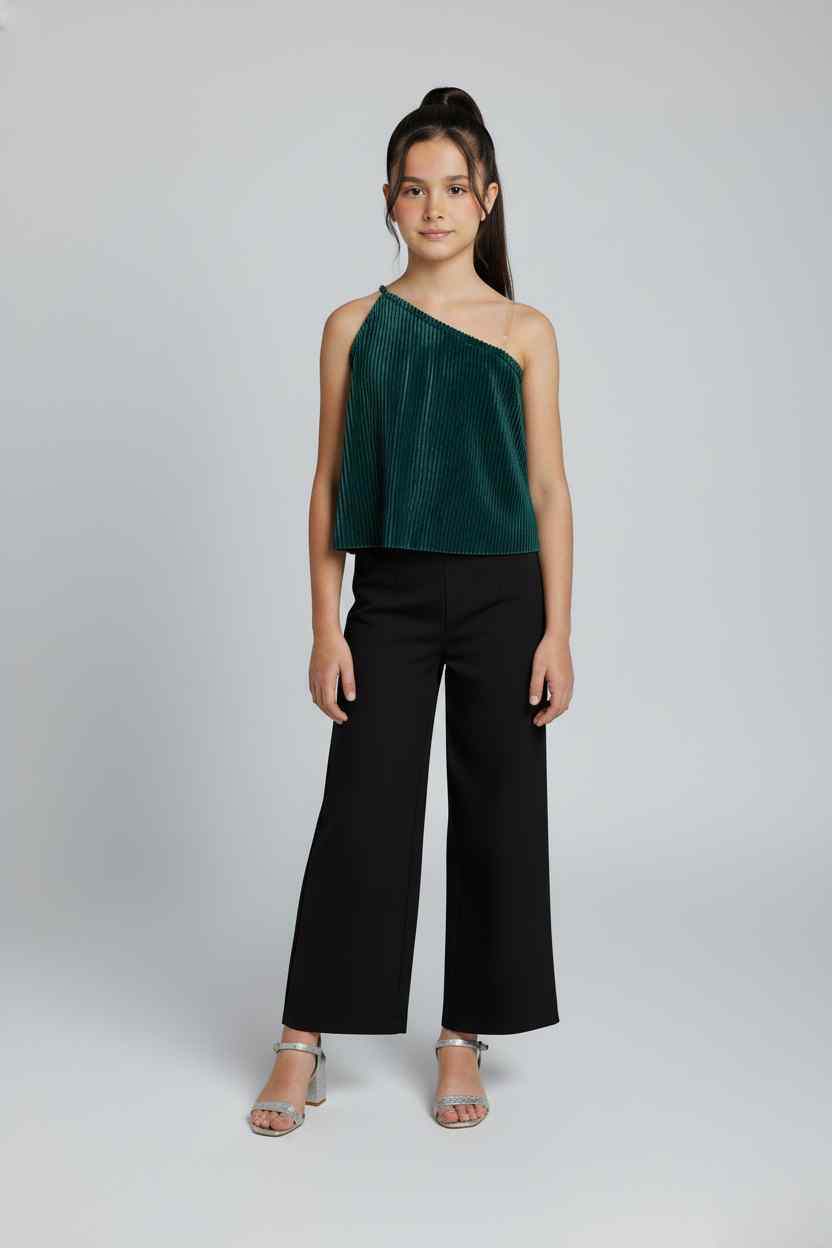 Satin pleated one shoulder Aline party crop top-Dark green