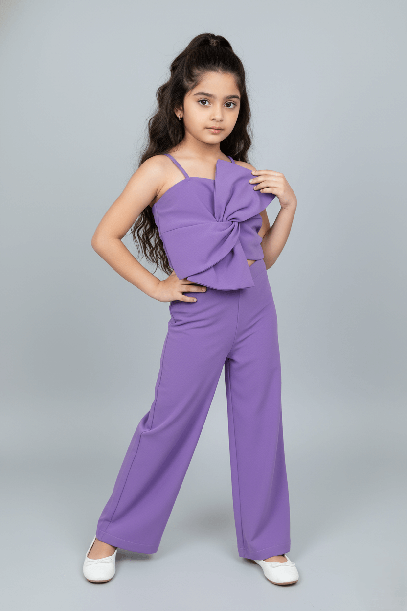 Woven Sleeveless Solid Bow detail crop top and pant set-purple