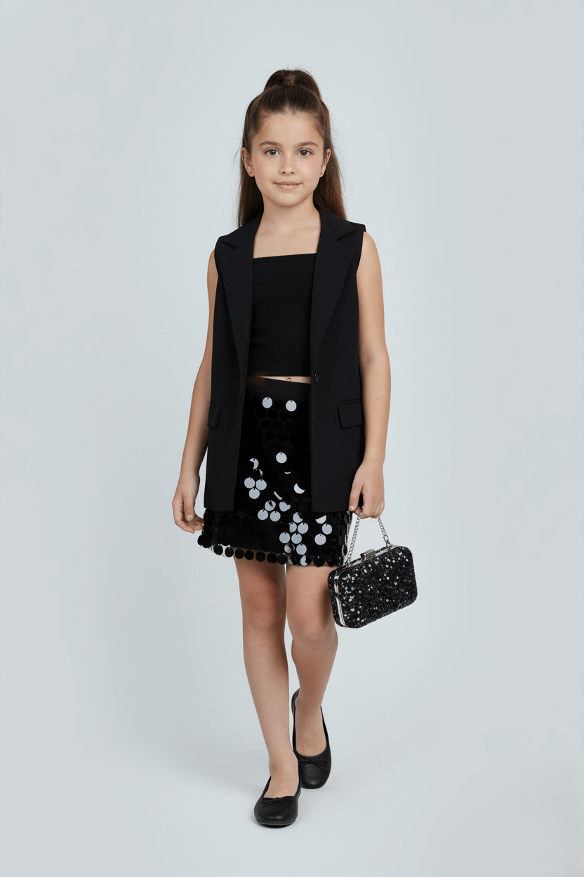 Woven Sleeveless Long Jacket with Sequin Skirt and Inner- Black