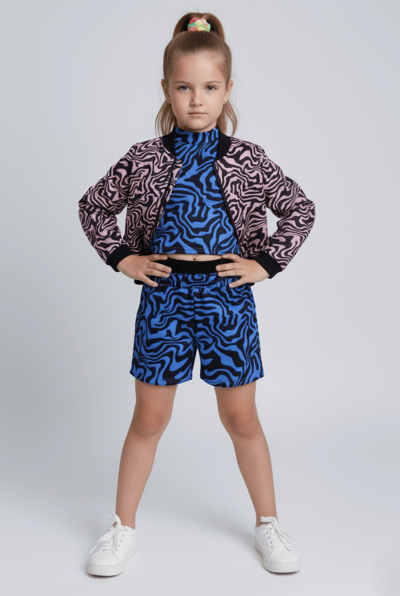 abstract printed full sleeves zip up jacket with printed sleeveless crop top and shorts set-Pink/Blue