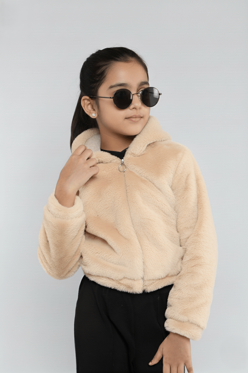 Fur full sleeves zip up hoodie-Beige