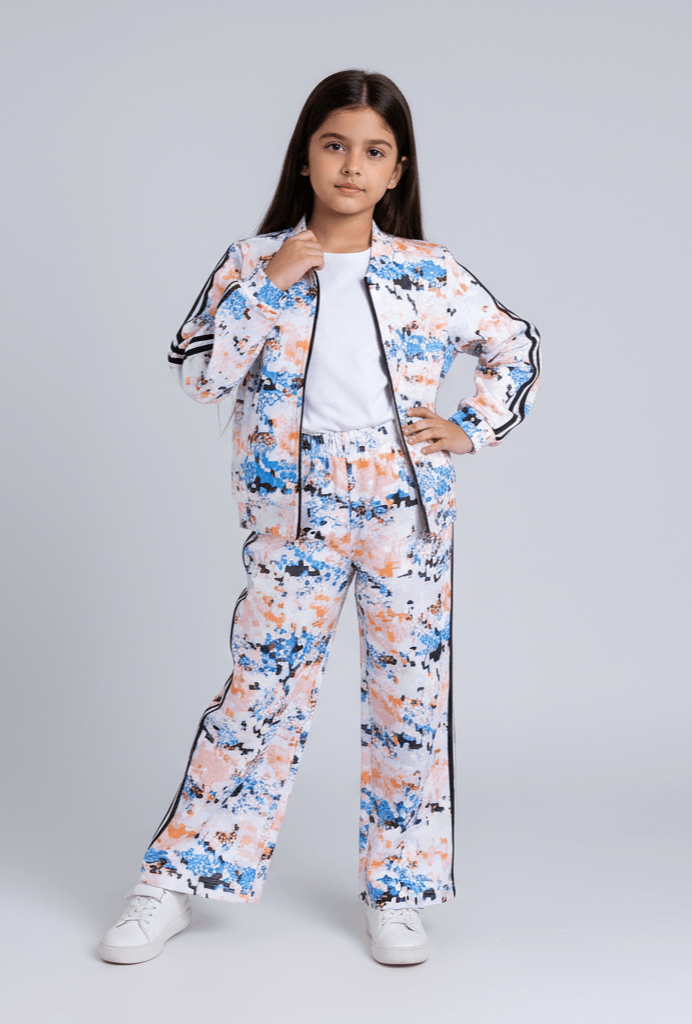 Abstract printed tape detail full sleeves zip up jacket with matching pant set-White/Multi