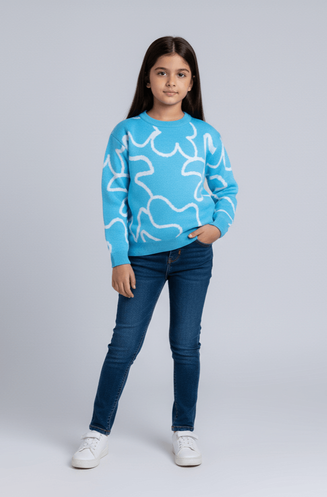 abstract-knit full sleeves pullover sweater-Blue