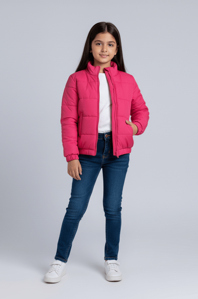 solid full sleeves puffer jacket-Hot pink