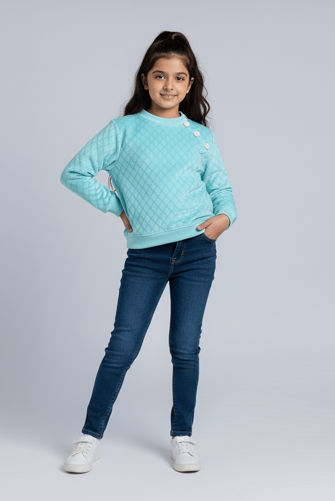 velvet embossed  regnal sleeves sweatshirt- Blue