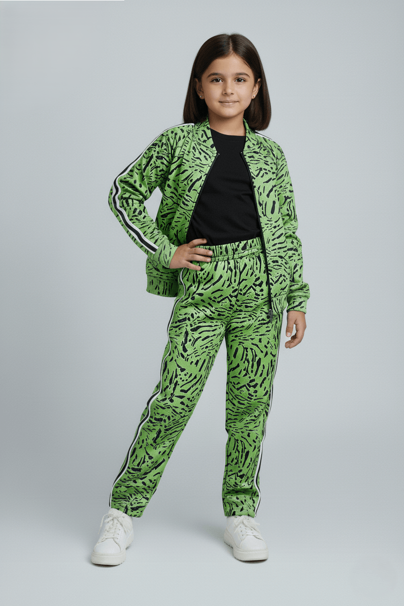 Animal printed tape detail full sleeves zip up jacket with matching pant set-Green/Multi