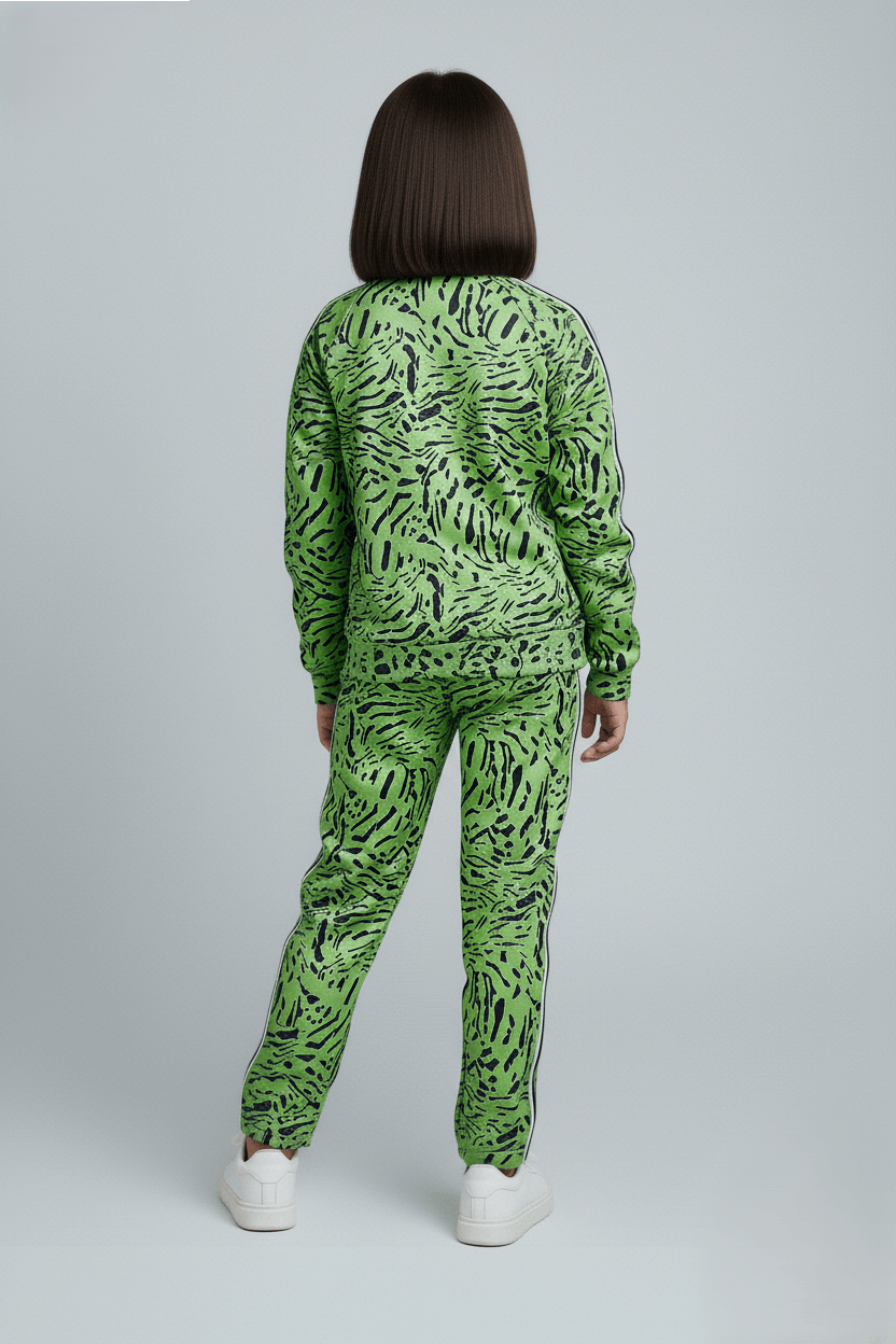 Animal printed tape detail full sleeves zip up jacket with matching pant set-Green/Multi