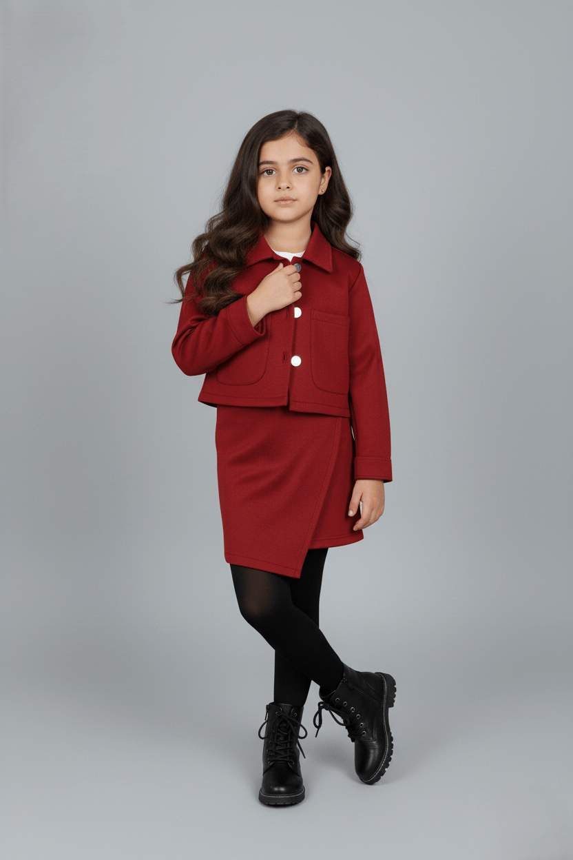 Suede Pocket detail Jacket and Matching Skort Set - Red
