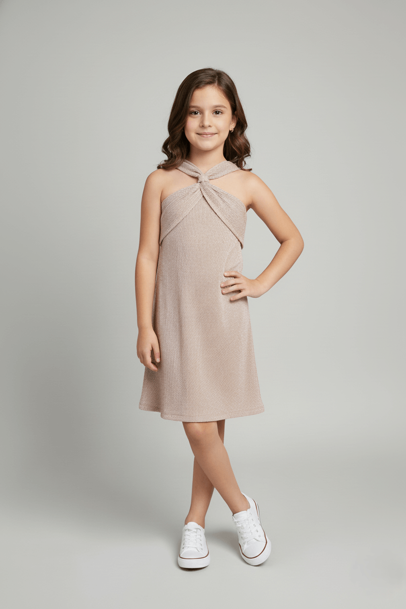 Pleated knit sleeveless halter neck Aline party dress- Pink