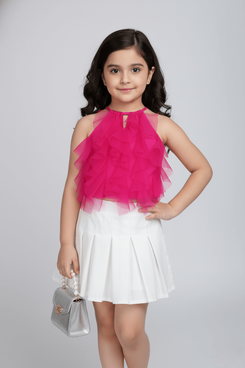 Net knit sleeveless  Ruffle Aline crop top- Pink