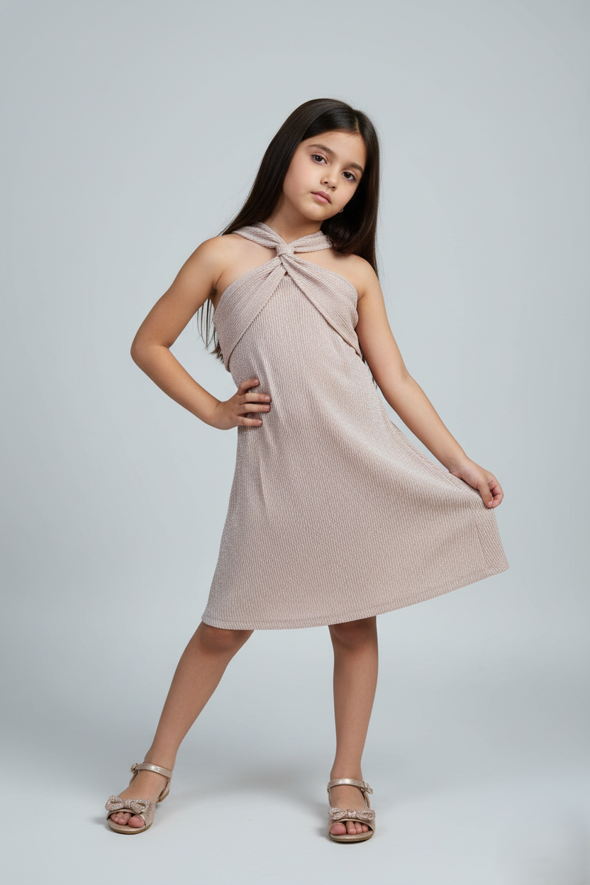 Pleated knit sleeveless halter neck Aline party dress- Pink