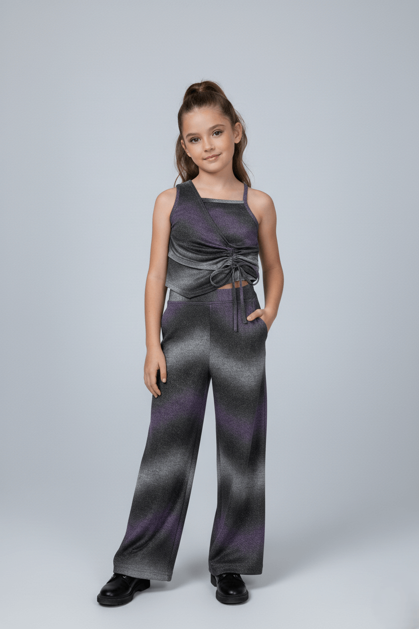 knit sleeveless Ombre printed asymmetric crop top and pant co-ord set-Multi