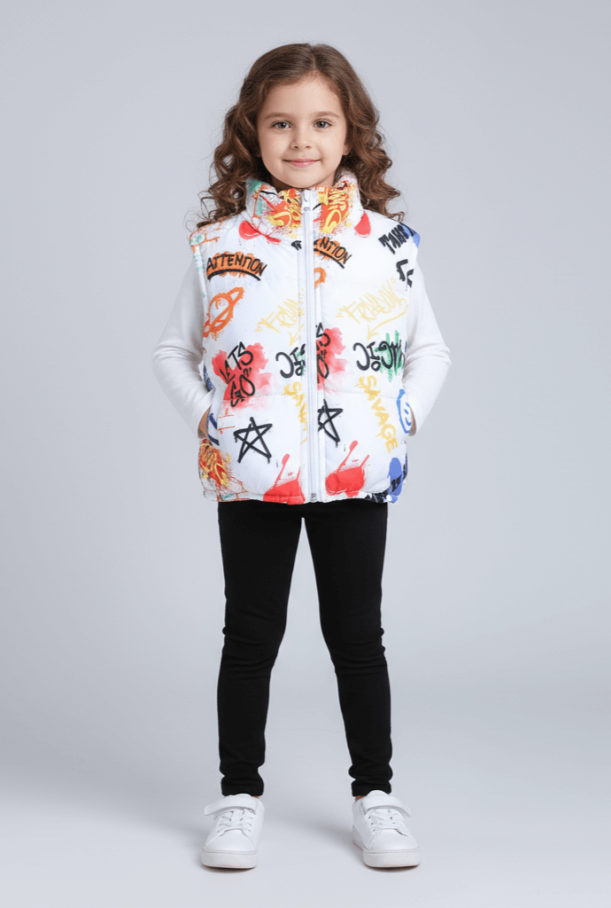 graphics printed sleeveless crop puffer jacket-White/Multi