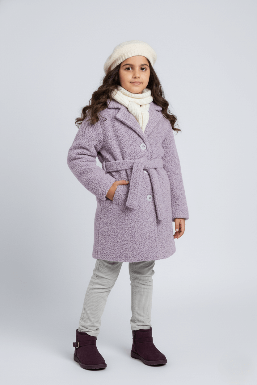 Textured full sleeves collared jacket with tie-up belt-Lilac