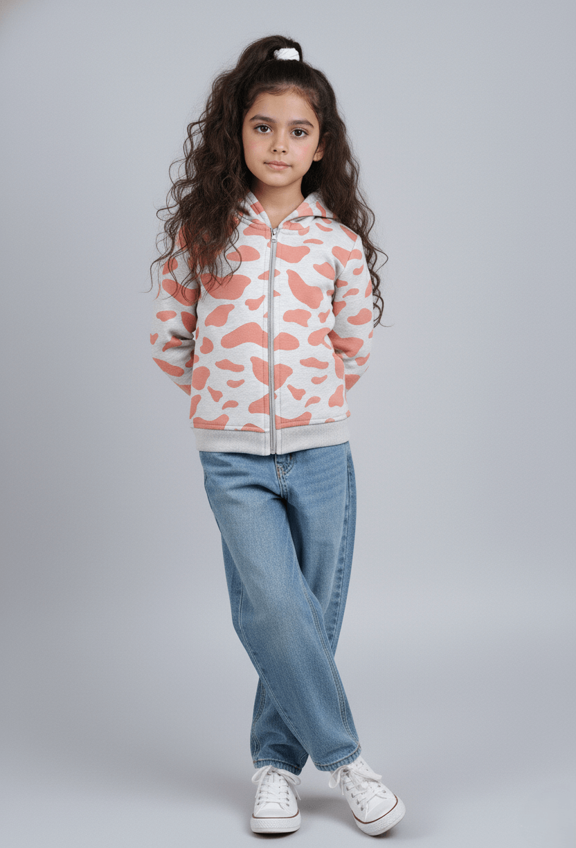 Animal printed full sleeves zip up winter hoodie-Peach/Grey