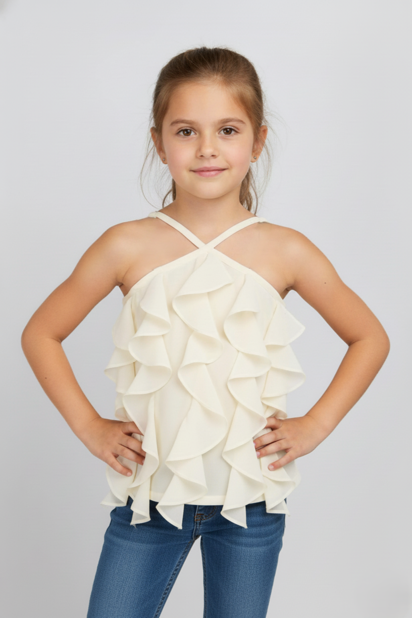 Georgette woven sleeveless ruffle detail Aline top- Cream