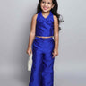 sleeveless crop blazer with waist tie-up and matching pant co-ord set- Blue