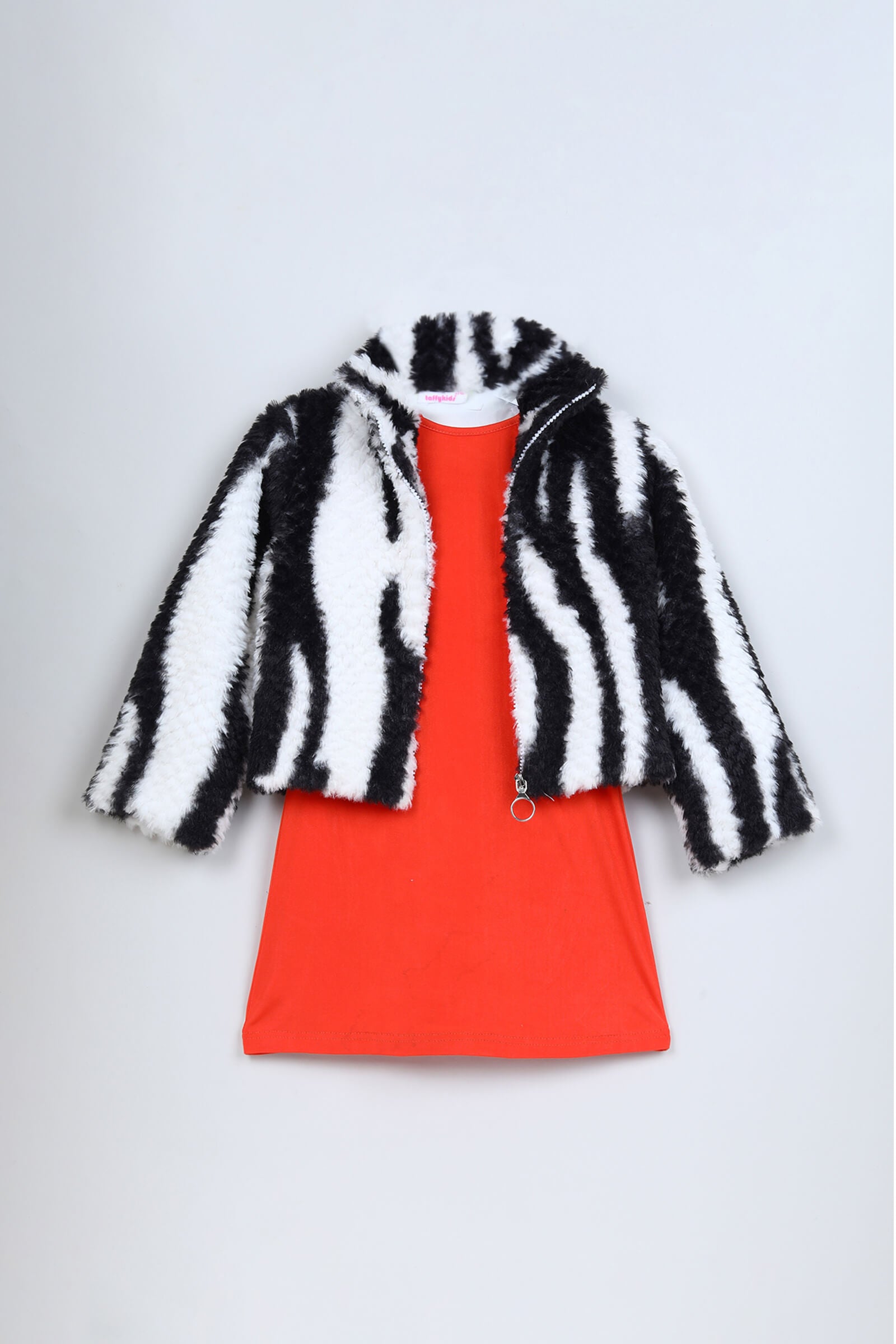 Fur printed Full sleeves Jacket and singlet knit dress set- Orange/Multi