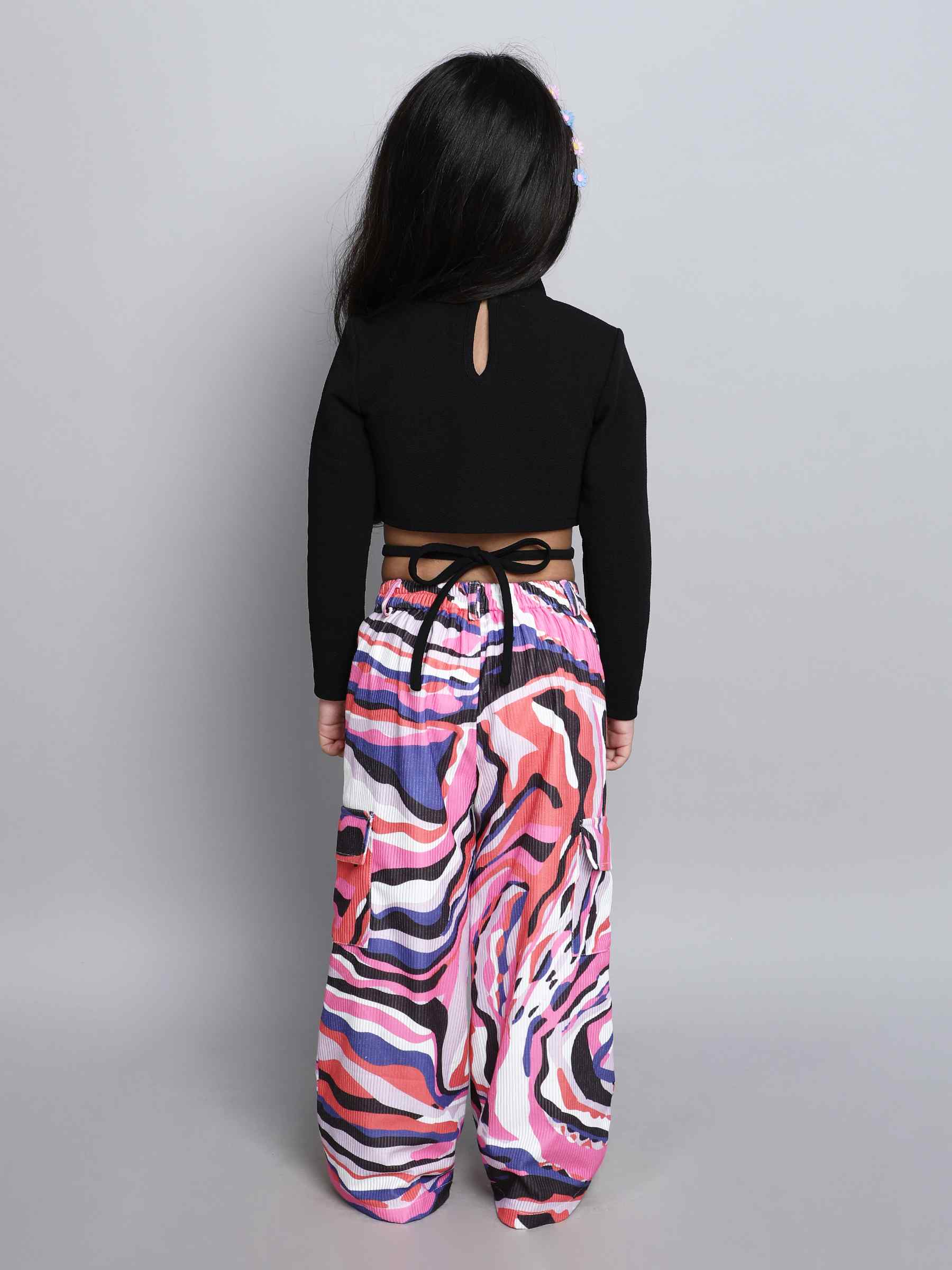 full sleeves waist tie up crop top and marble printed cargo pant set-Black/Multi