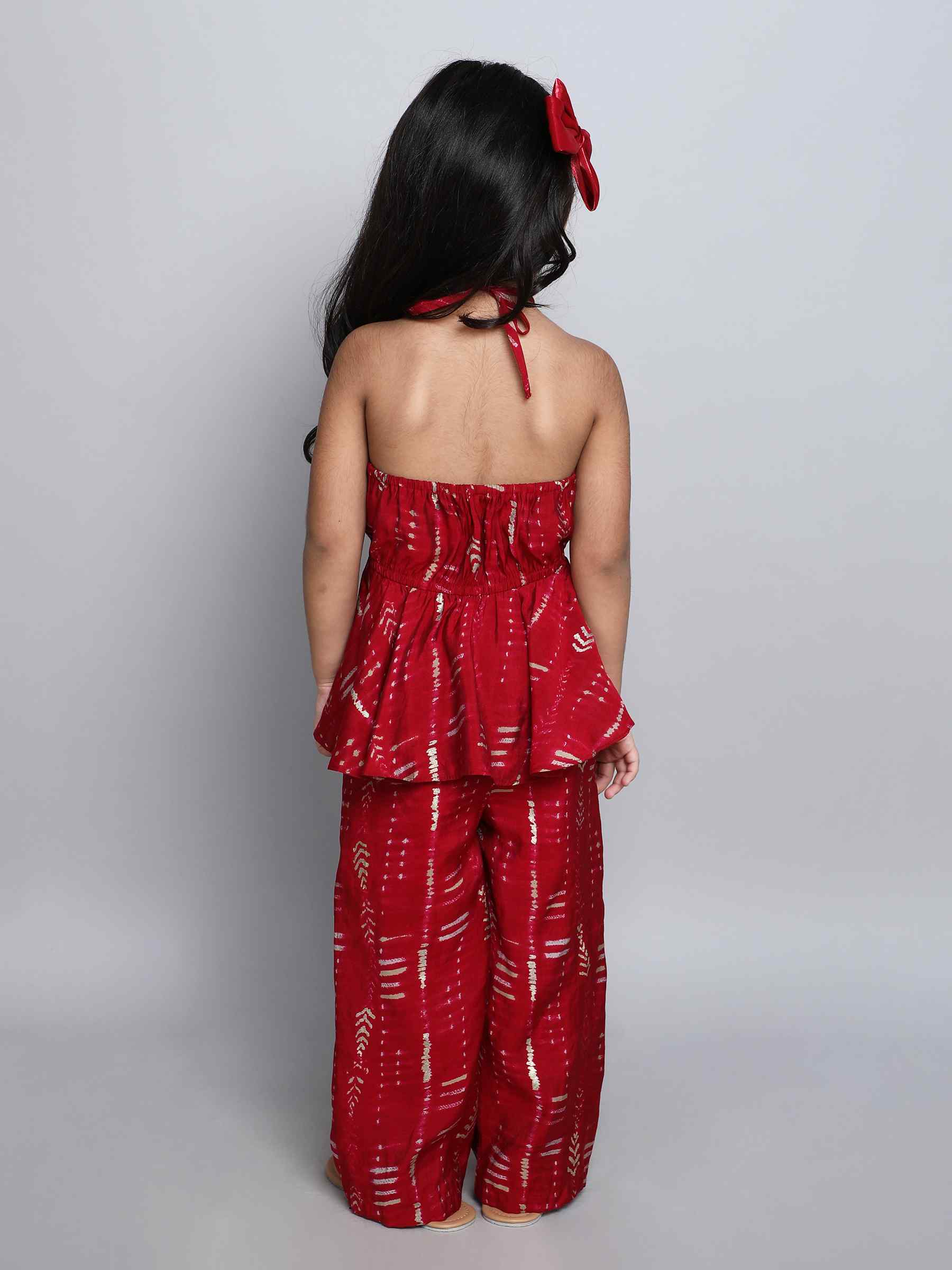 abstract printed front ruched halter neck peplum top and pant set-Red