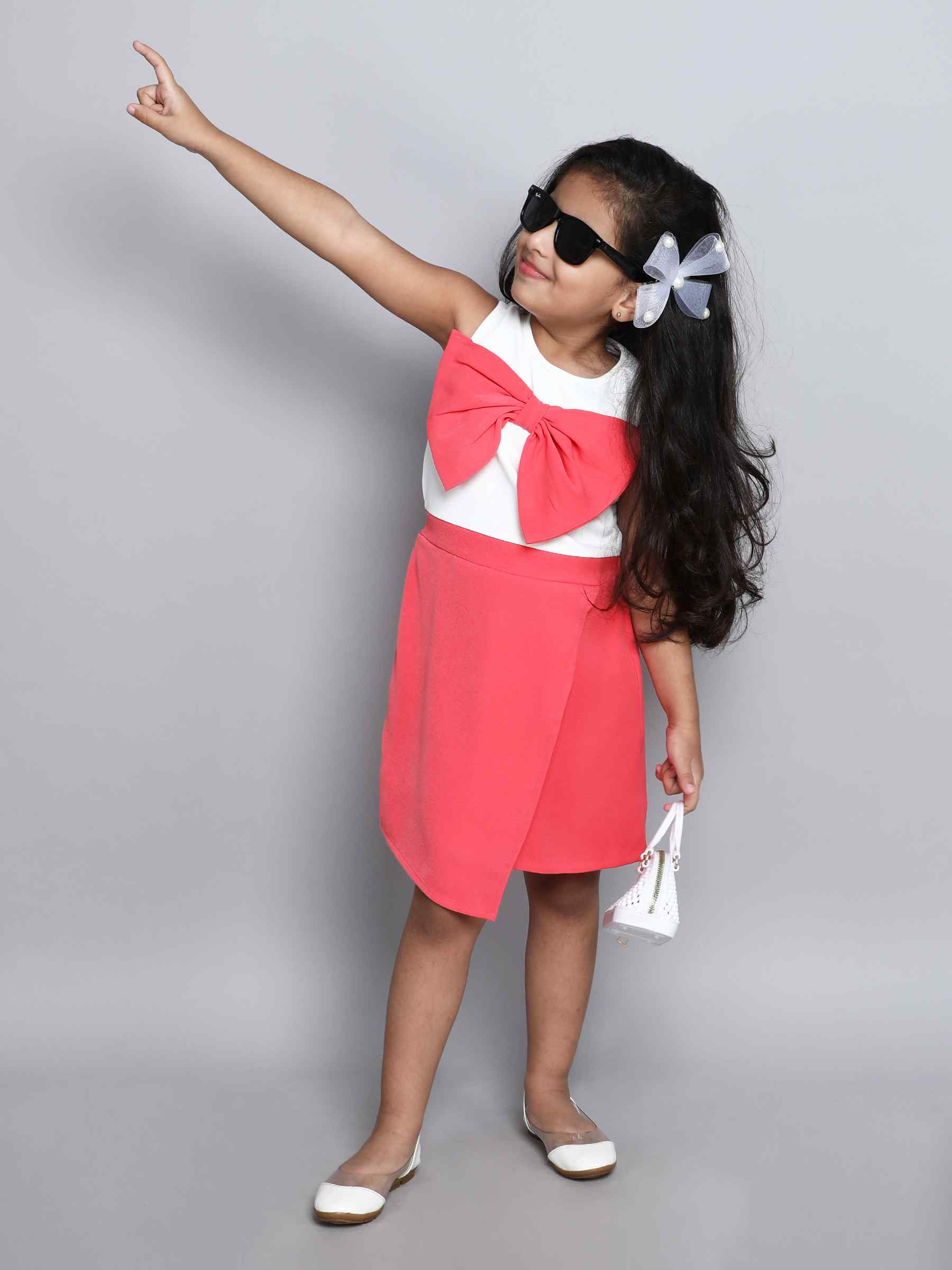 color block bow detail sleeveless Dress-White/Coral