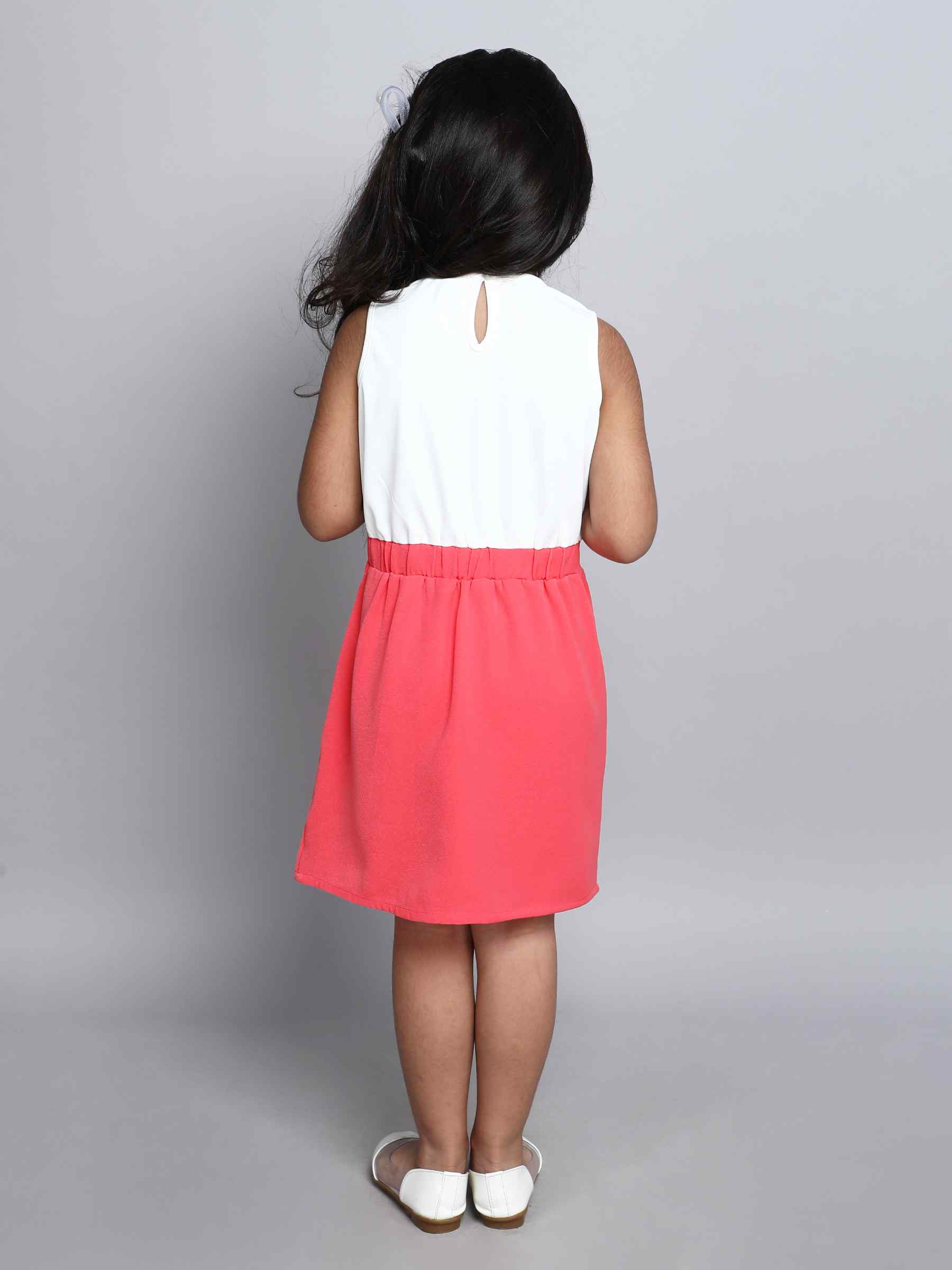 color block bow detail sleeveless Dress-White/Coral