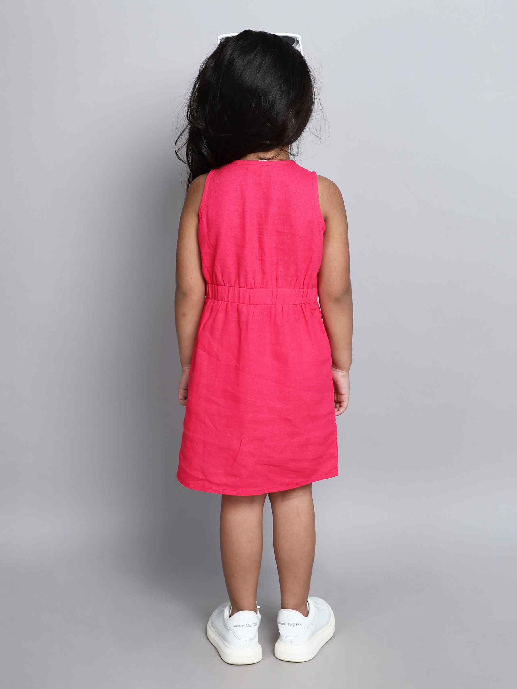 linen solid sleeveless buckle detail wrap dress-Pink