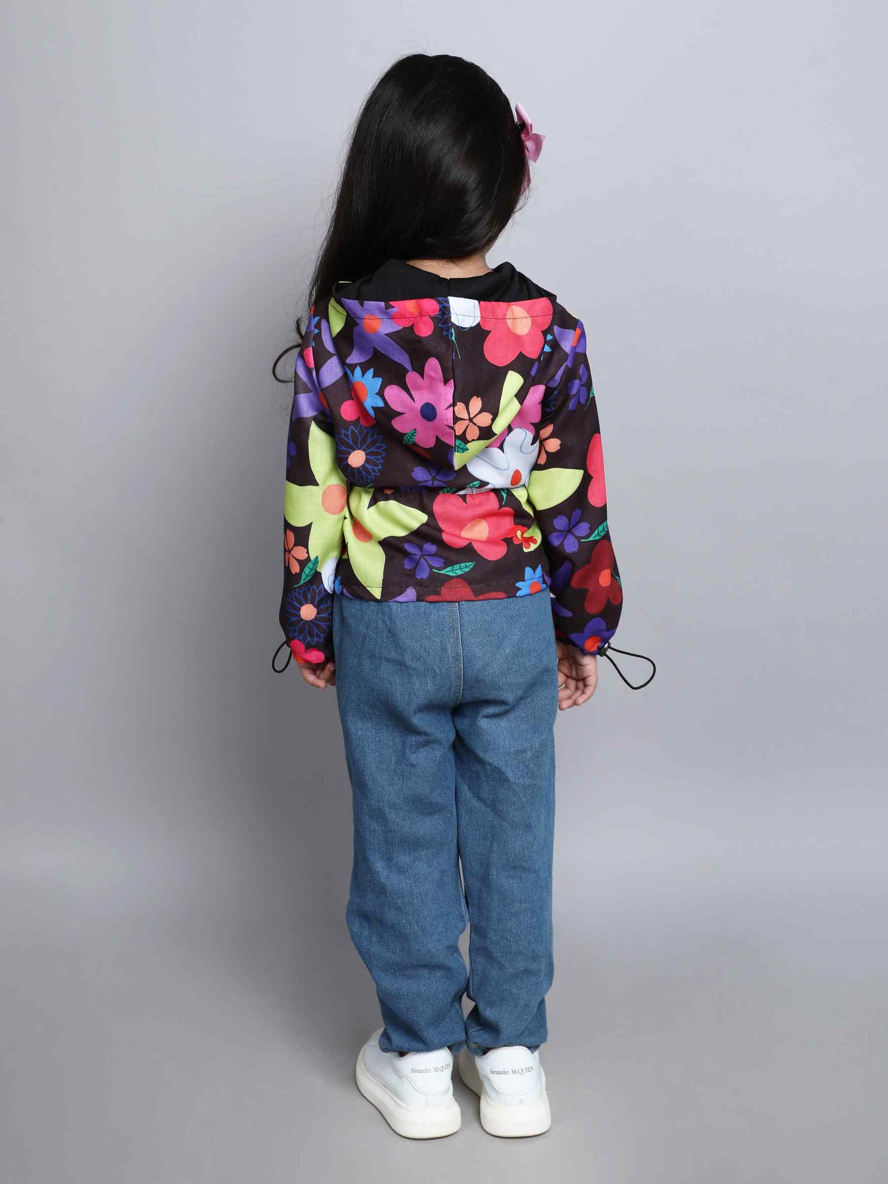 floral printed full sleeves hooded zip up jacket-Multi