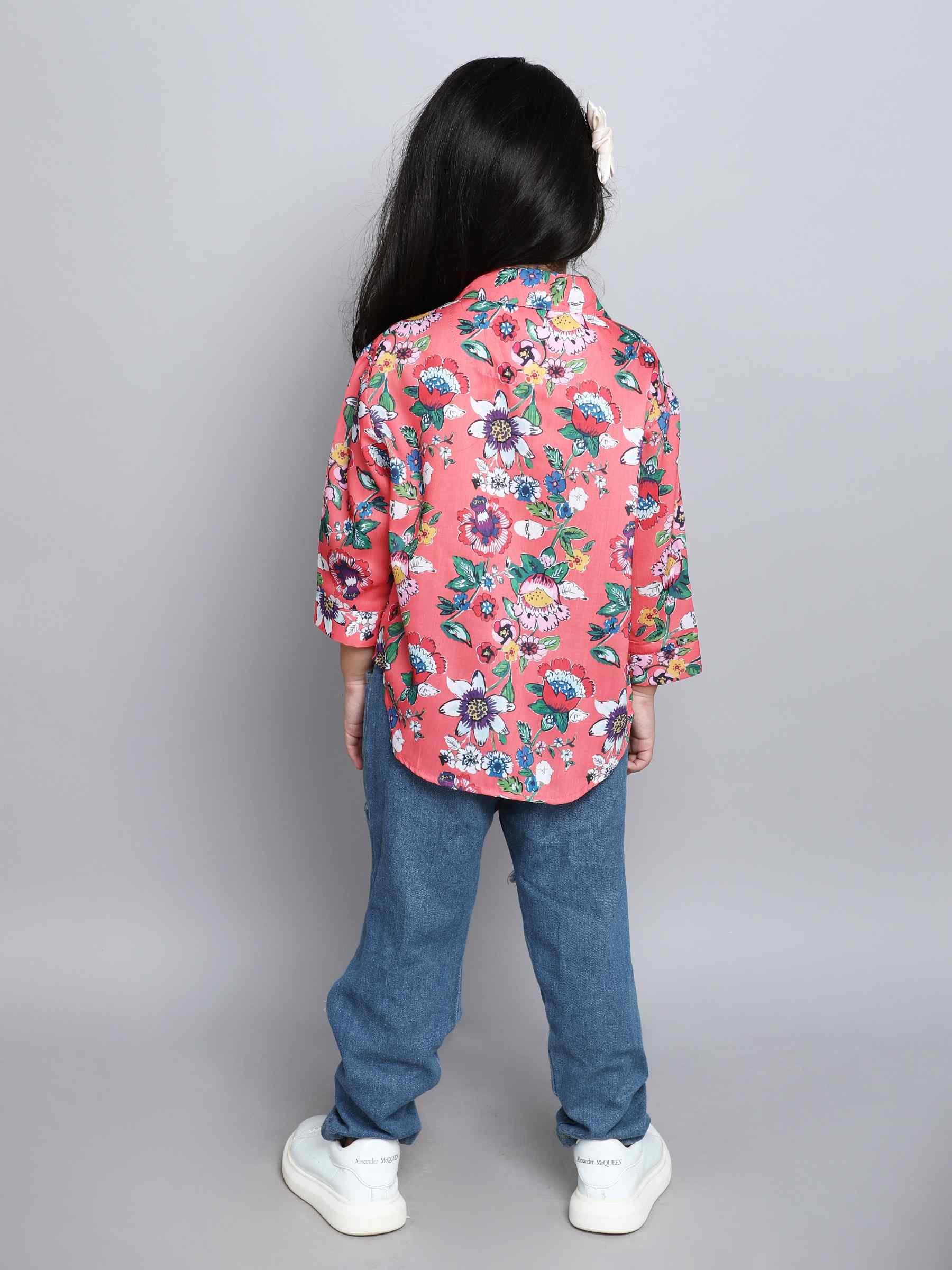 floral printed 3/4 sleeves oversized shirt -multi/coral