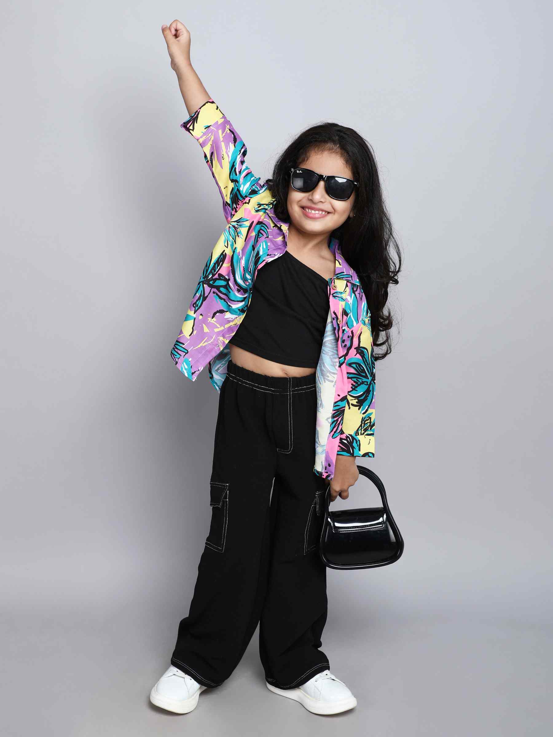 tropical printed full sleeves oversize shirt with stitch detail cargo pant and singlet crop top set-Black/Multi