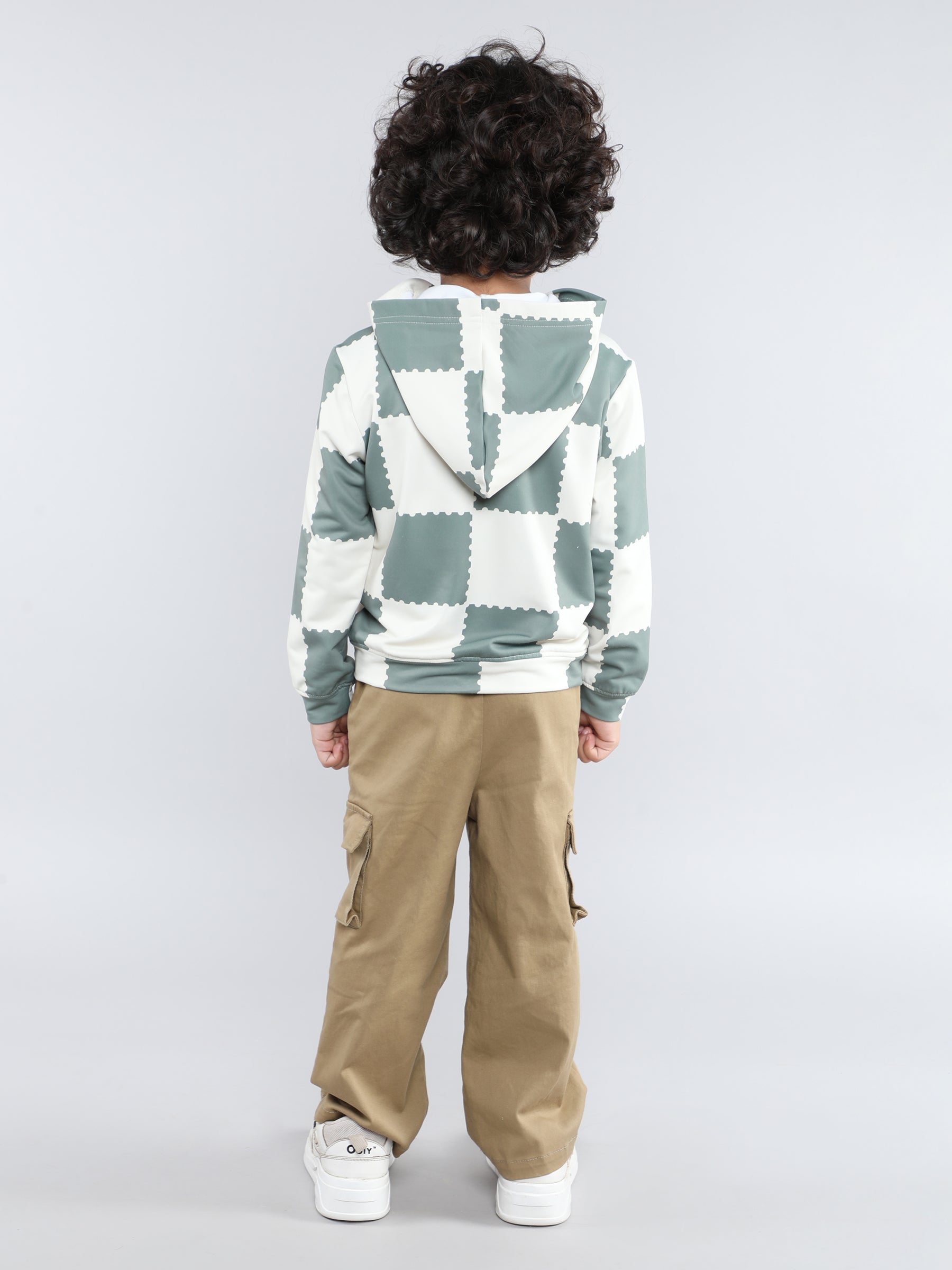 Checkered full sleeves pocket detail hoodie and solid cargo pant-Multi