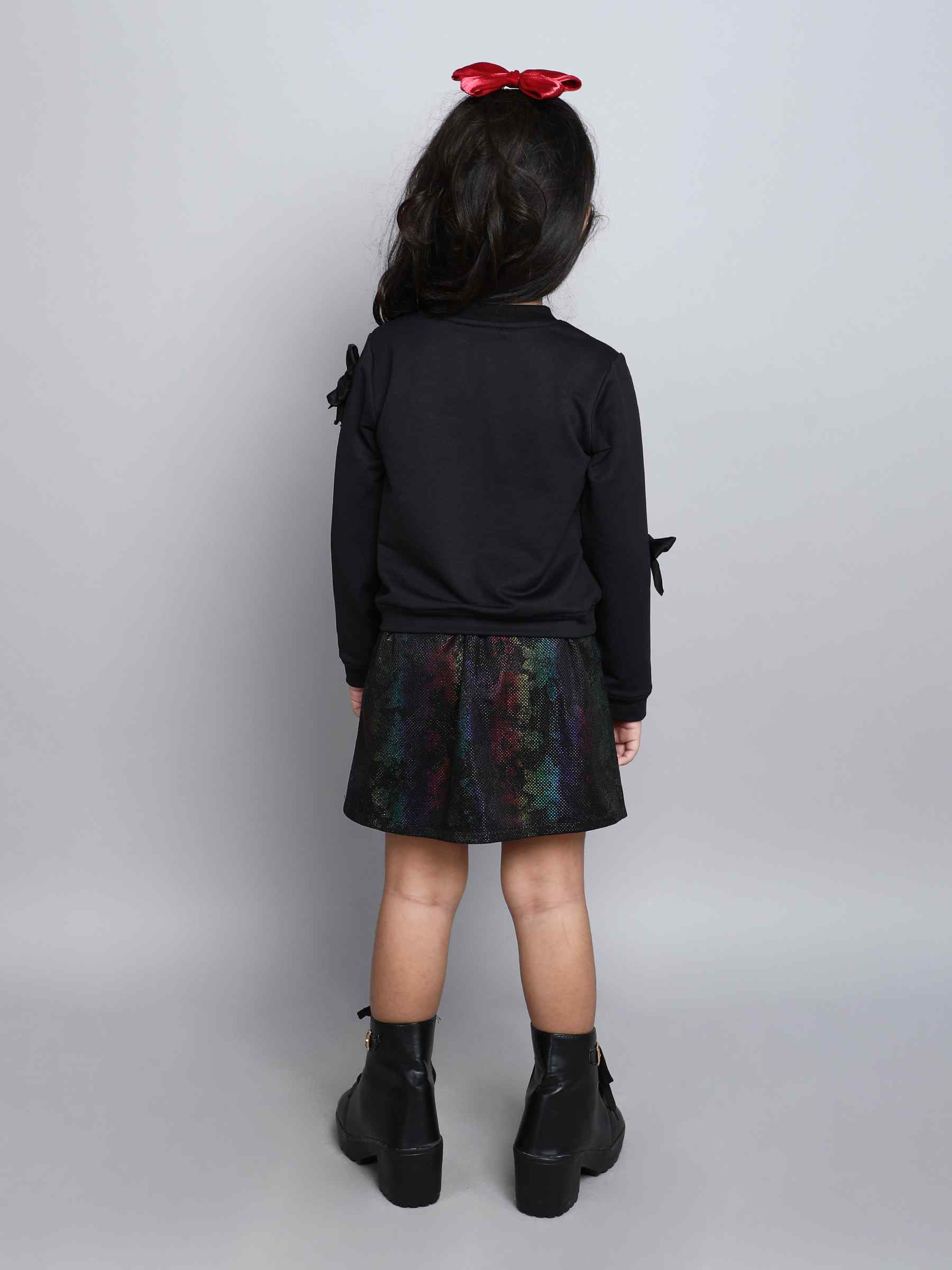 ribbon bow detail party sweatshirt and foil floral printed skirt set-Black/Multi