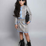 checks printed piping detail full sleeves party crop top and matching skirt set- beige/Blue