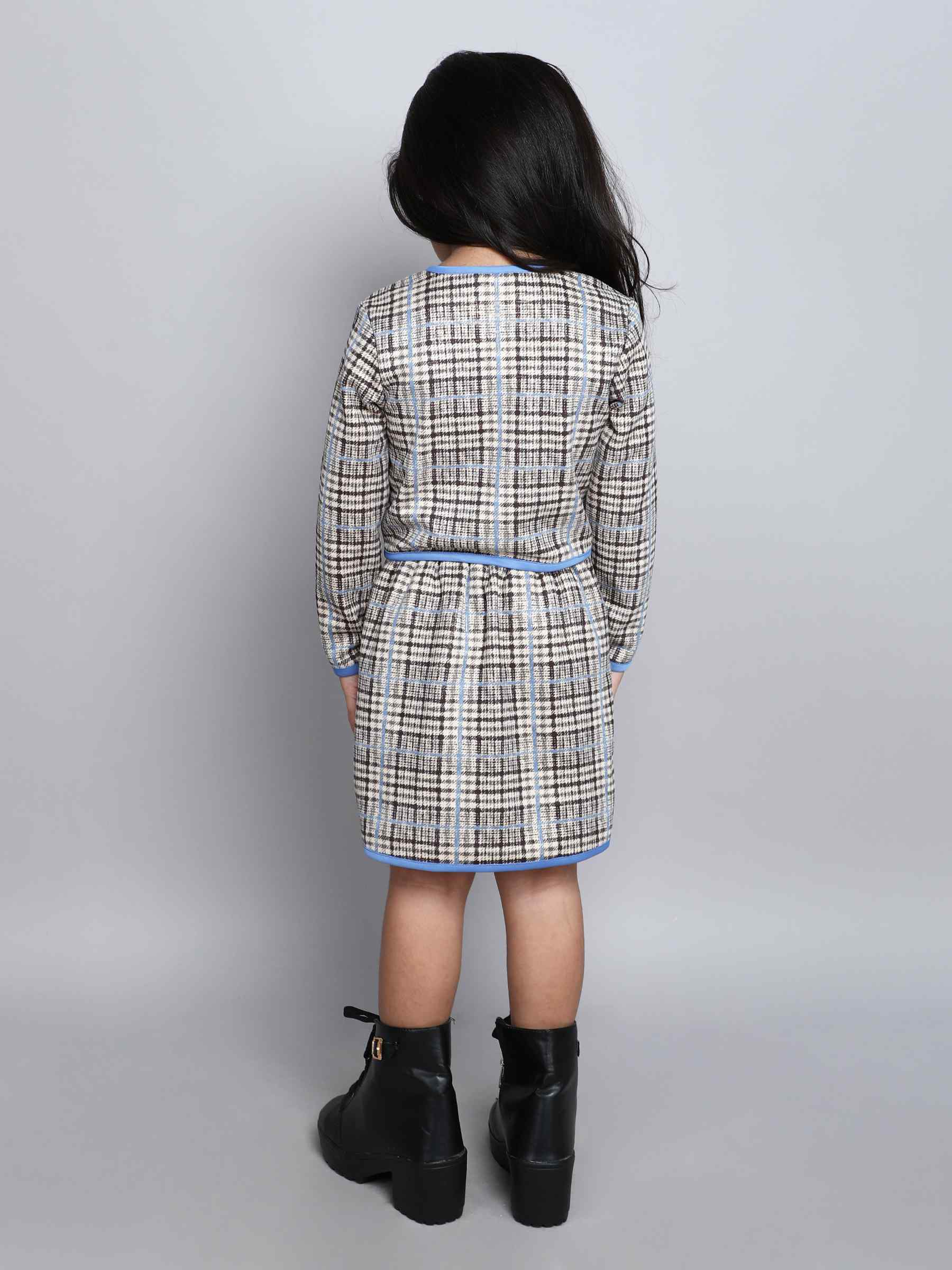 checks printed piping detail full sleeves party crop top and matching skirt set- beige/Blue