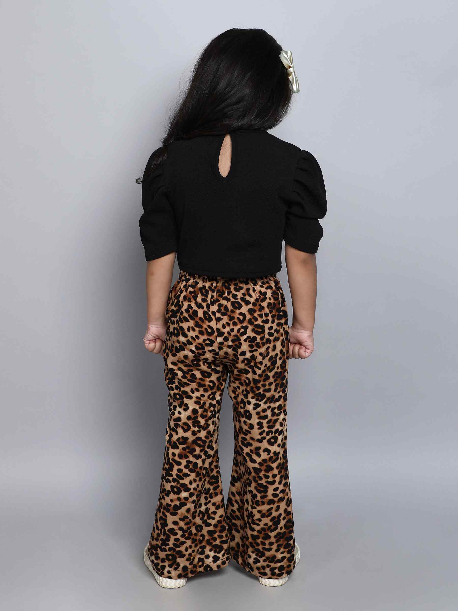 textured puff sleeve crop top and animal printed slit bell bottom pant set-Black/Brown