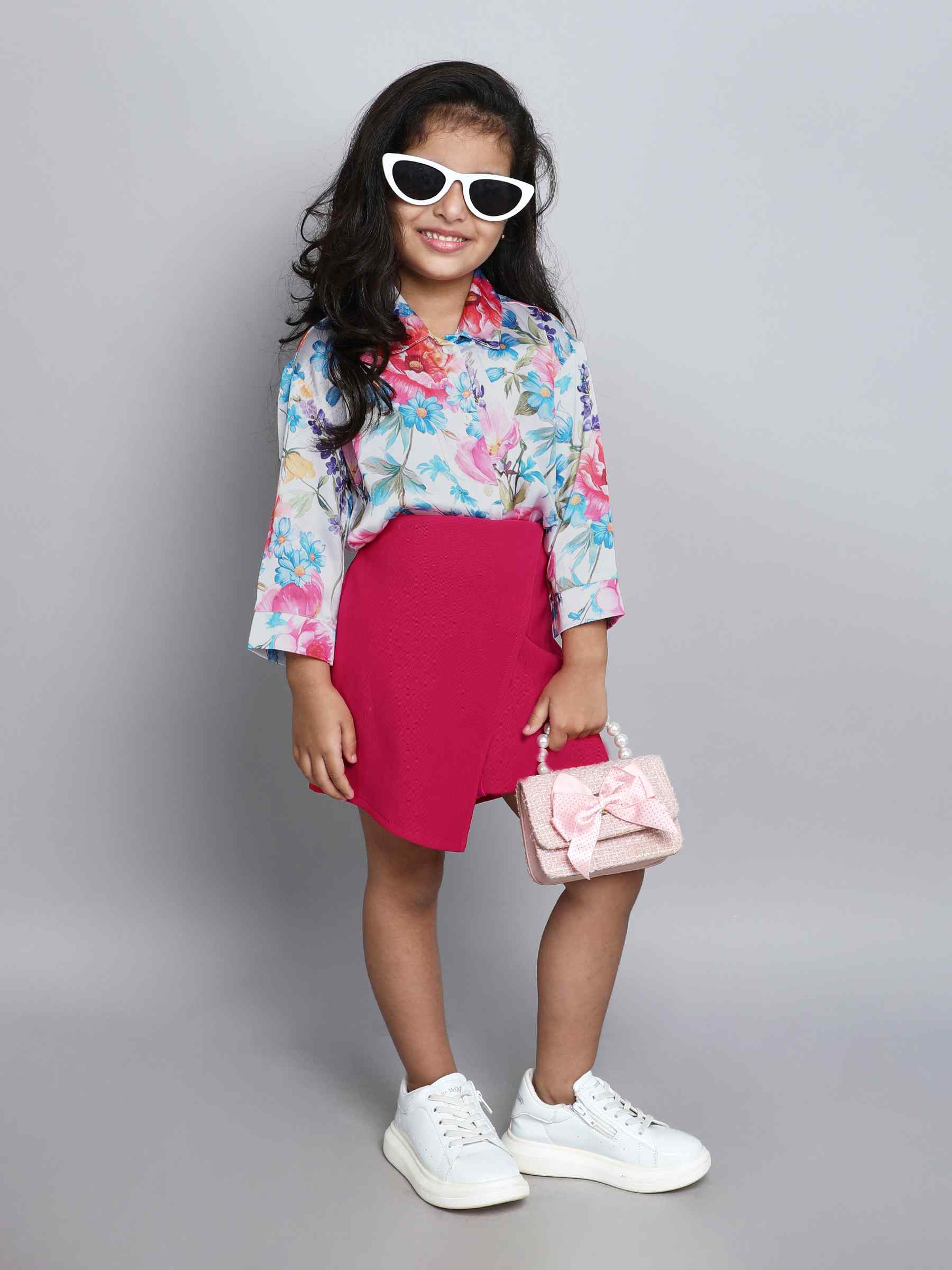 floral printed satin oversize shirt and skort set-Pink/multi