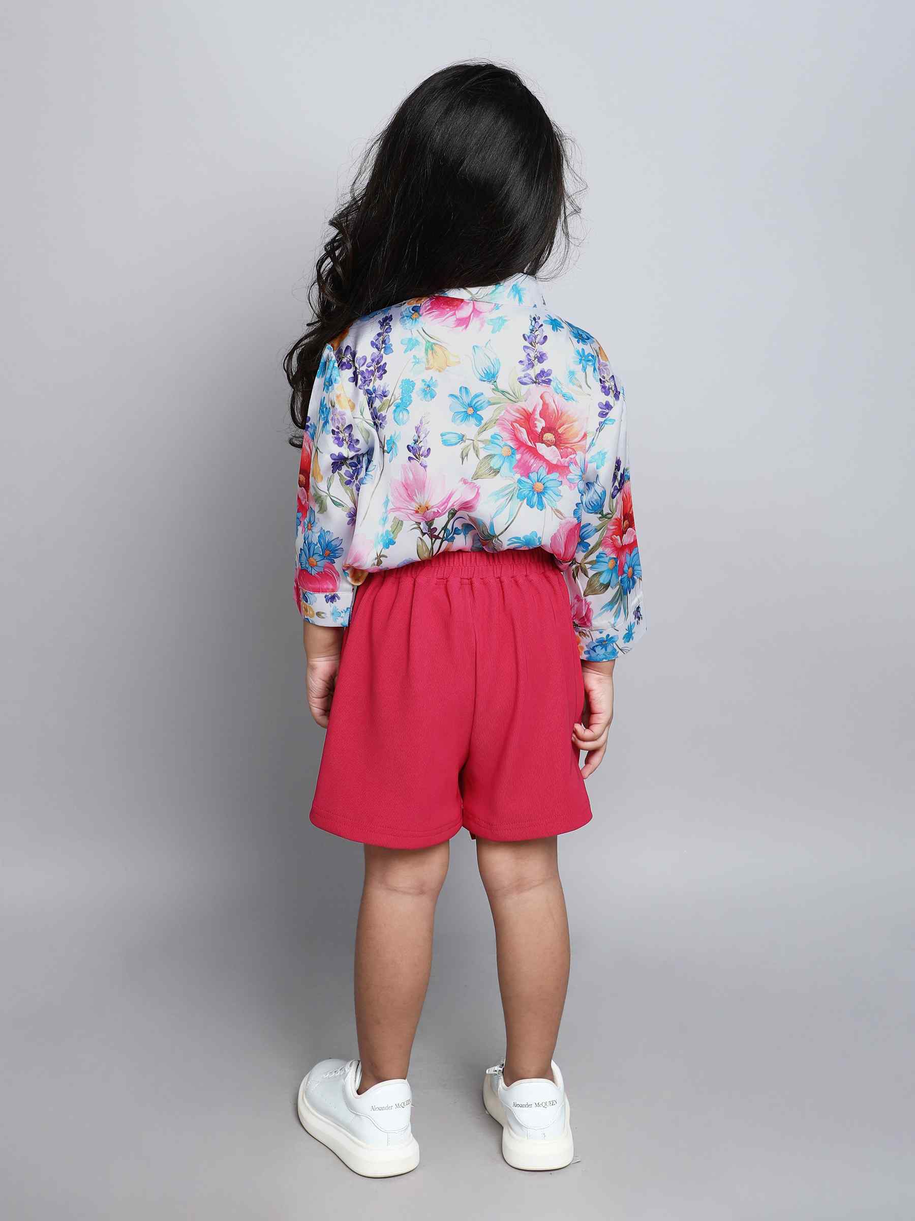 floral printed satin oversize shirt and skort set-Pink/multi