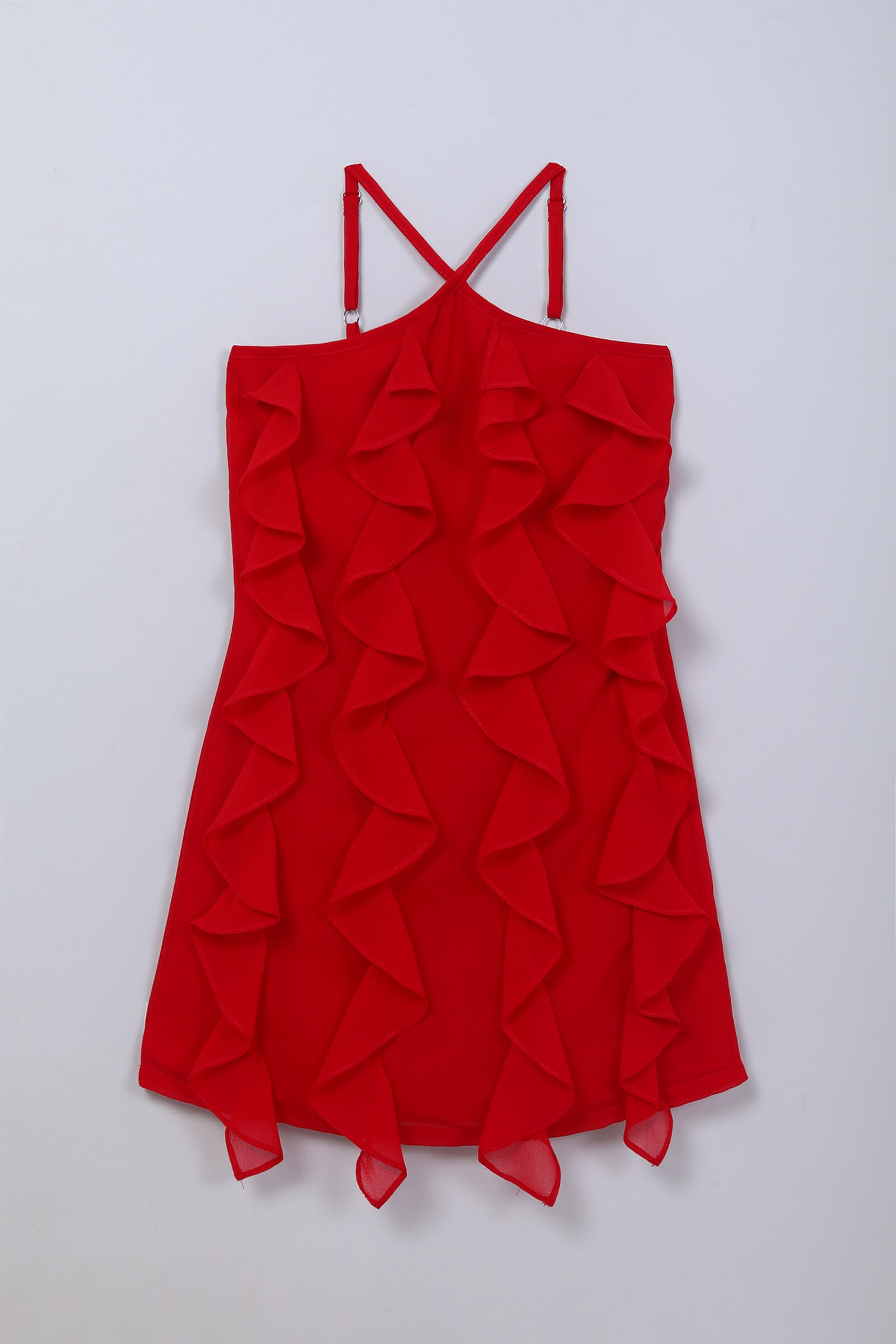 georgette woven sleeveless cascade ruffle Aline dress- Red