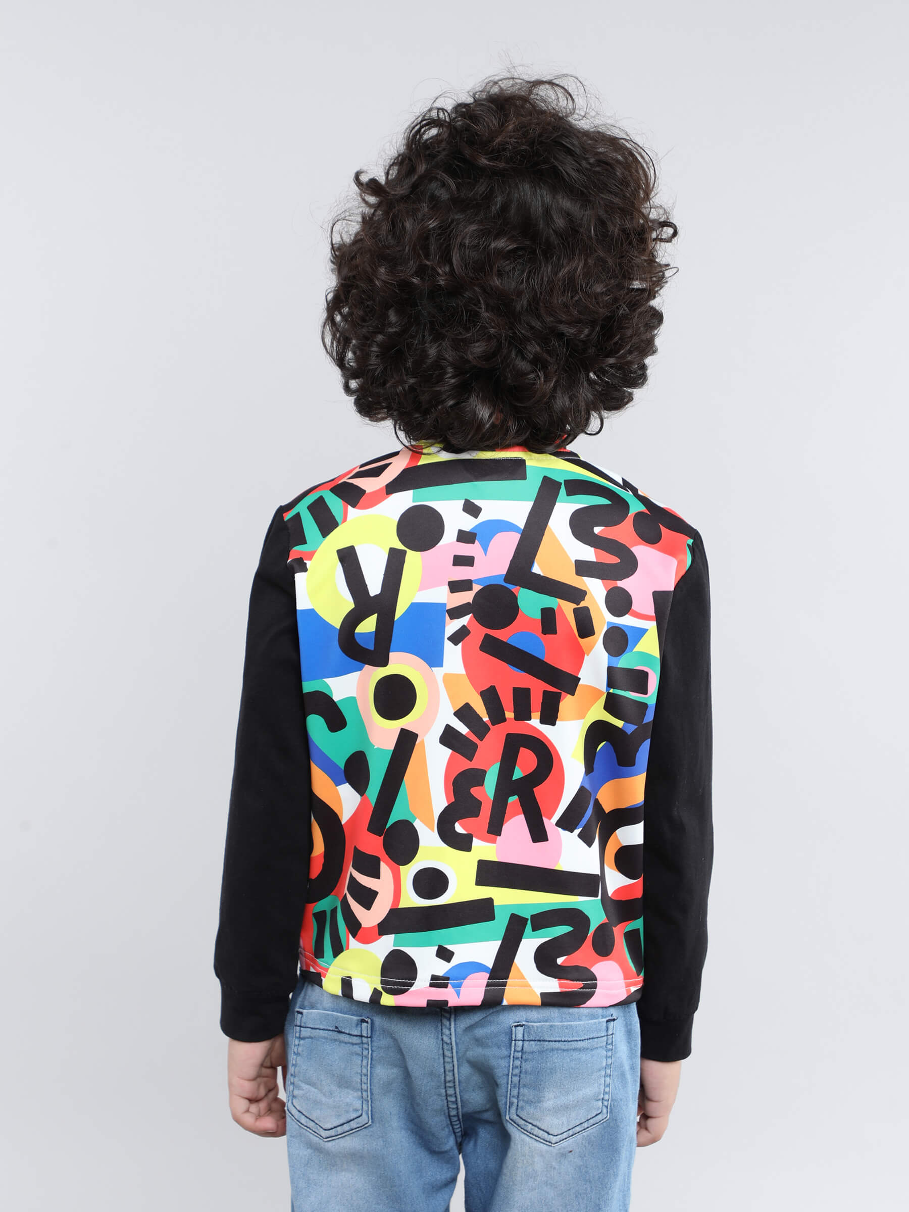 abstract printed full sleeves zip up jacket - Black & Multi