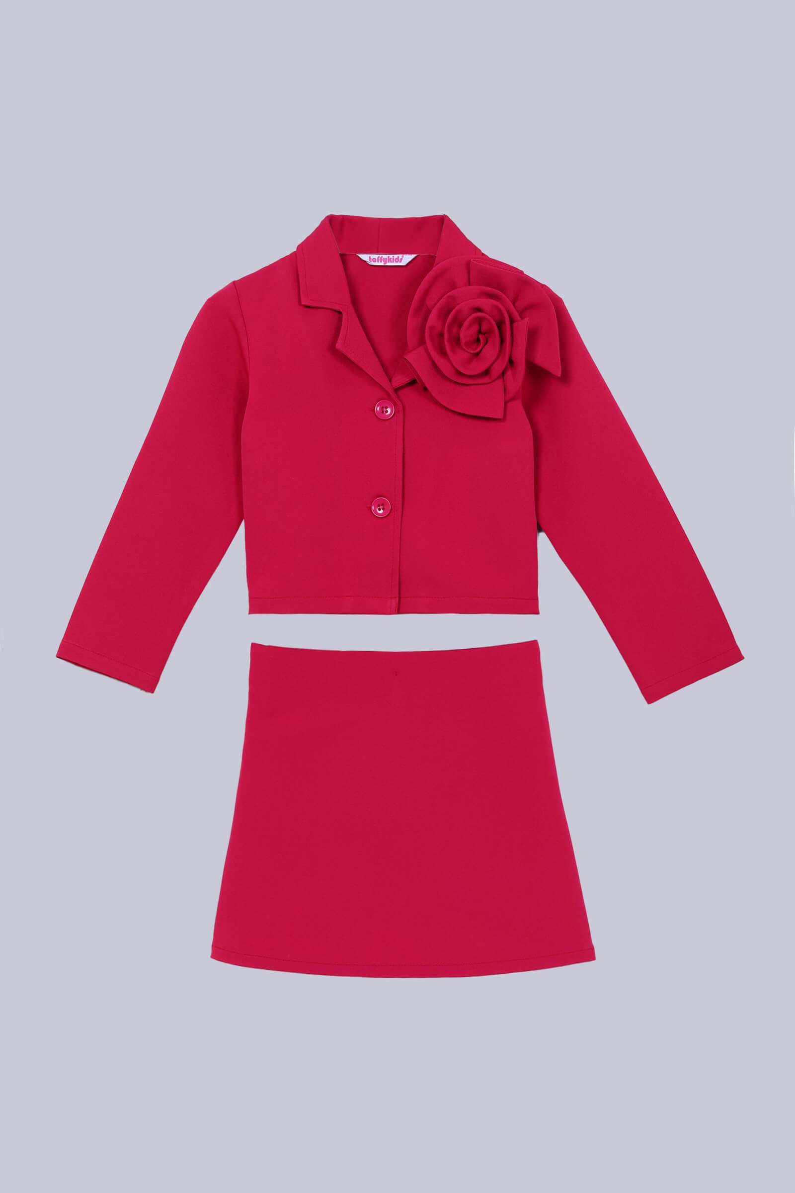 woven full sleeve flower detail crop blazer and Matching skirt set- Hot pink