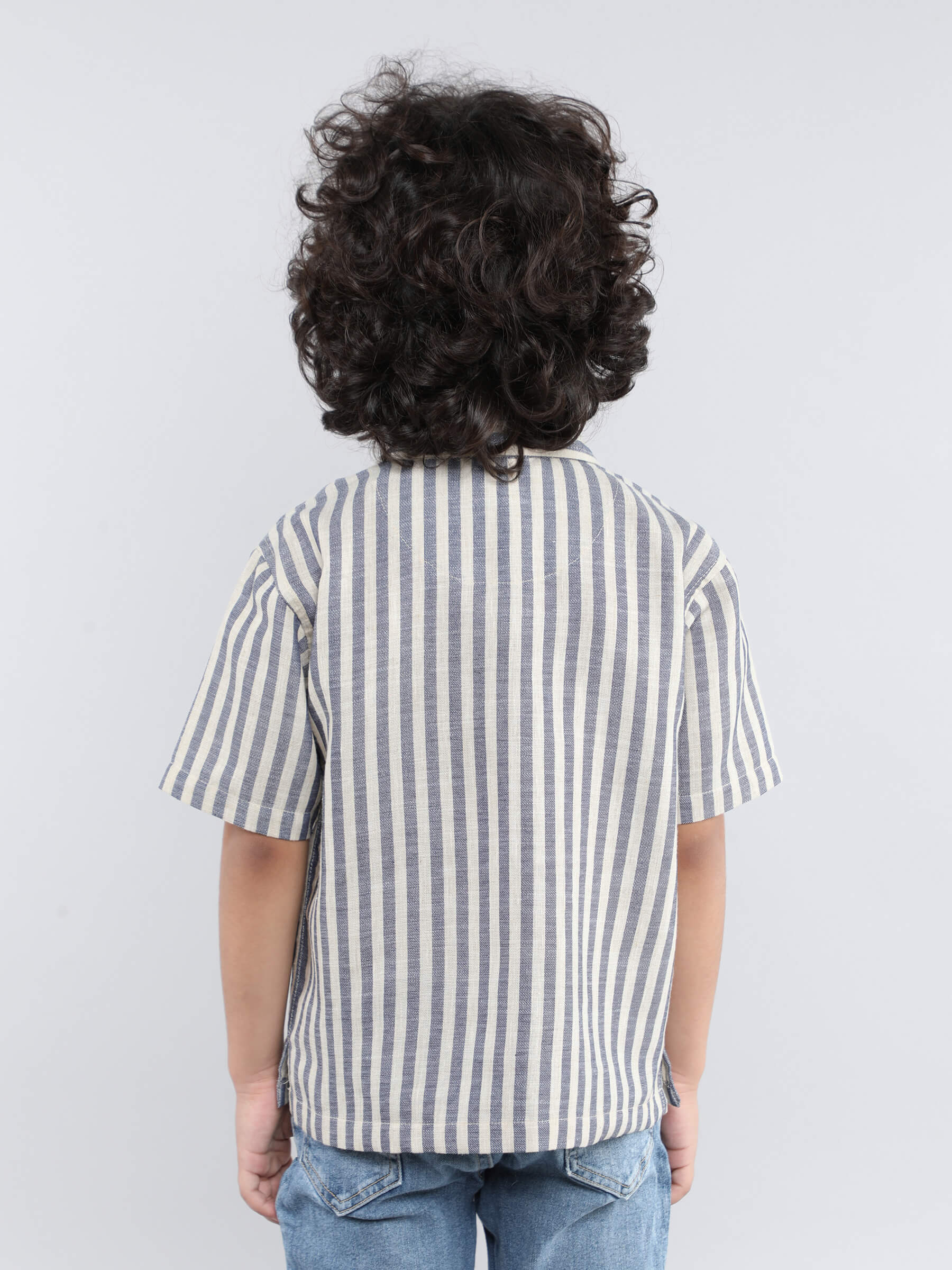 Striped half sleeves oversize shirt-Offwhite & Blue